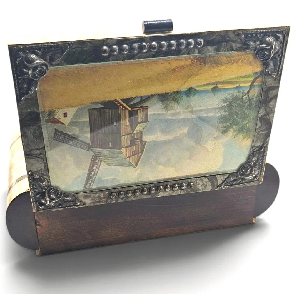 Vintage Musical Jewelry Box Windmill Scene Pearlized Finish - READ DESC